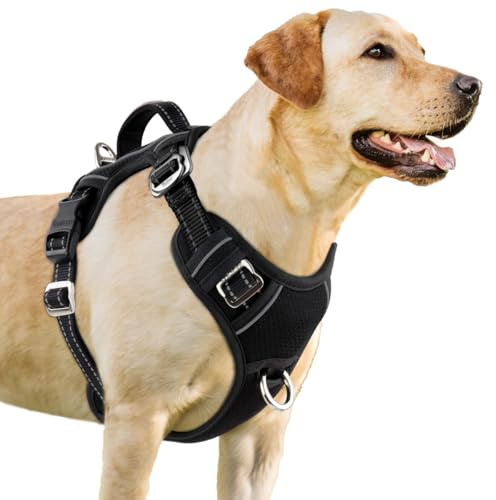 BARKBAY Hundegeschirr, kein Ziehen, 3 Schnallen, groß, reflektierend, mit Frontclip und einfacher Kontrolle, Griff für Spaziergänge, Training, Laufen, mit Ausweisfach (Schwarz, XL)