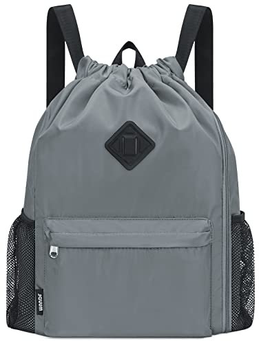 WANDF Drawstring Backpack Sports Gym Bag with Shoes Compartment, Water-Resistant String Backpack Cinch for Women Men(Grey,Large)