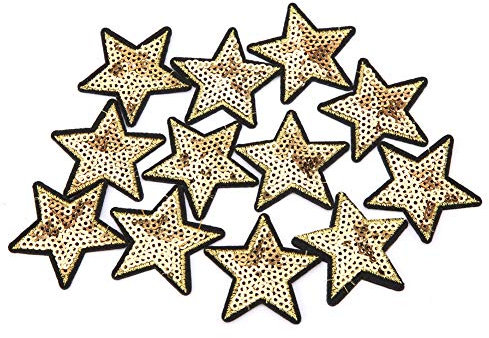 Tbest 12Pcs DIY Sequined Star Pattern Embroidery Sticker Clothes Patch Accessory Sequin Christmas Iron On Patch,Gold Sparkly Star Fabric,Sew On Patches for Clothing Adults Beige Star,Loc