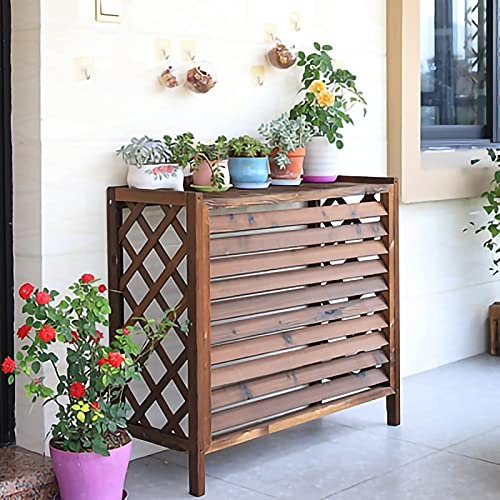 XOOPIT Outdoor Air Conditioning Cover,Wooden air conditioner cover Outdoor Air Conditioning Rack Frame Radiator Cover, Rustic Air Conditioner Cover Wooden Plant Stand, with Blinds Grid Design