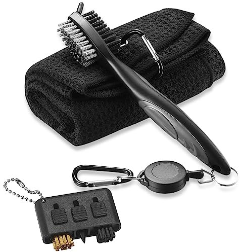 pzihao Golf Club Brush and Microfibe Towel Kit Cleaning brush, with Carabiner Clip Waffle Pattern Cleaning Tool, Golf Gifts for Men Golf Cleaniner Set