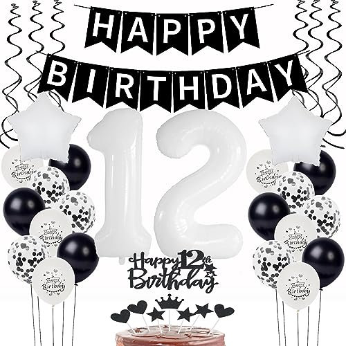 Luftsballon 12. Geburtstag Junge deko Schwarz Weiß Geburtstagsdeko 12 Jahre Mädchen Dekoration tortendeko 12 .Geburtstag Mädchen ballons 12.Deko Kuchen