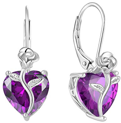 FJ Herz Ohrringe Damen Amethyst Februar Geburtsstein 925 Sterling Silber Hängend Rose Blume Schmuck Geschenke für Frauen Mutter Freundin Mama