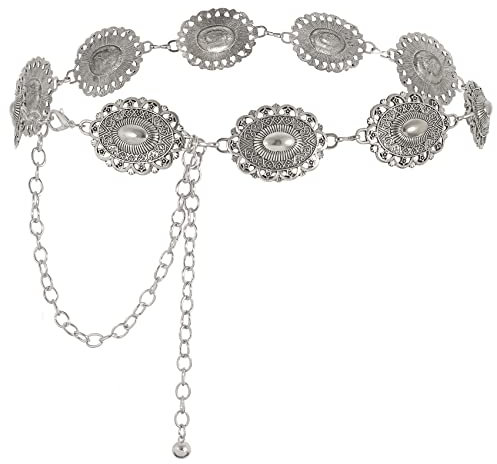 WHIPPY Damen Concho Kettengürtel taillenkette Türkis Taille Gürtel verstellbarer Metall Western Cowgirl Gürtel für Kleid,Silber 130cm