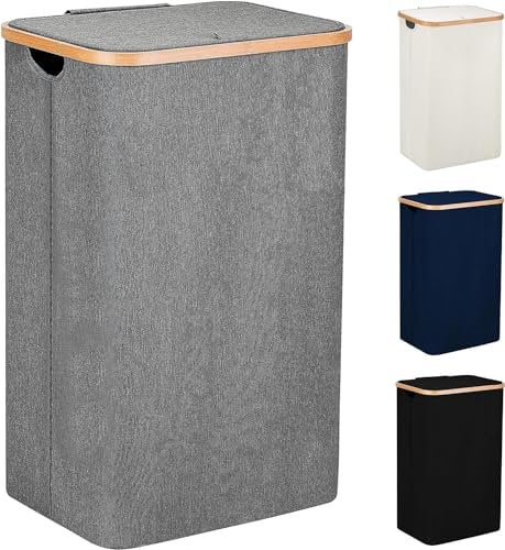 SG Traders 100L Laundry Hamper with Lid - Large Hampers for Laundry with Handles - Laundry Baskets with Lid for Bedrooms - Bamboo Bathroom Tall Laundry Bin (Dark Grey)