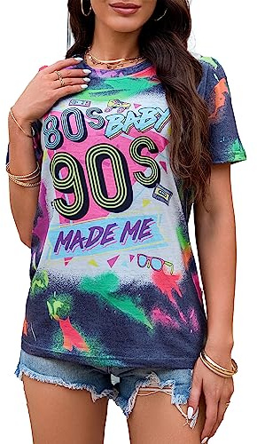 T-Shirt 80s Baby 90s Made Me pour Femmes Style Vintage Batik des Années 90 Chemises Décontractées Rétro des Années 80 Hauts De Nostalgie (Bleu-90,L)