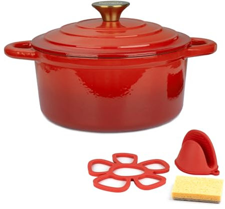 Parmedu Enameled Cast Iron Pot: 2.5L Heavy Duty Dutch Oven with Lid and Dual Handles - Silicone Accessories and Sponge Included, Ideal for Braising, Stewing, Roasting and Baking, Christmas Red