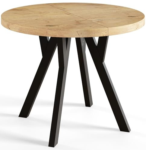 AlpiMeble Runder Esszimmertisch OVO, ausziehbarer Tisch Durchmesser: 90 cm bis 190 cm, Wohnzimmertisch Farbe: Lancelot, mit Holzbeinen in Farbe Schwarz
