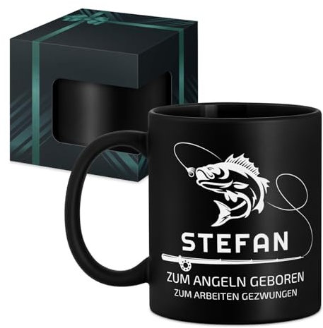 Maverton Keramik Kaffeetasse 330ml mit Gravur - Kaffeebecher mit funktionellem Henkel - personalisierter Keramikbecher für Männer zum Geburtstag zu Weihnachten - matt schwarz - Innen schwarz - Angeln