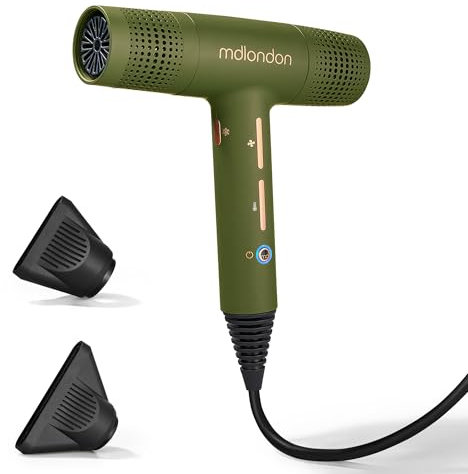 mdlondon Blow Professional Hair Dryer (Olive Green), Lightweight Hairdryer (360g), 1600W Hairdryers for Women and Men with 3M Cable and 3 Heats/Speeds - Genuine mdlondon Hair Dryers & Accessories