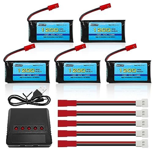 AMZZN 5PCS 3.7V 1200mAh 30C JST Plug Lipo Battery with 5-in-1 Charger for MJX T04 T05 T25 X900 X9TW V2400HD V2450FPV V2450GPS RC Drone Lithium Battery Accessories