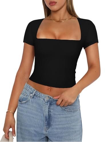 Women's Slim Fit Crop Tops Casual Solid Color Crew Neck Long Sleeve Tight T-Shirt Basic Blouse Tee Tops (Z8-Short Sleeve Black, L)