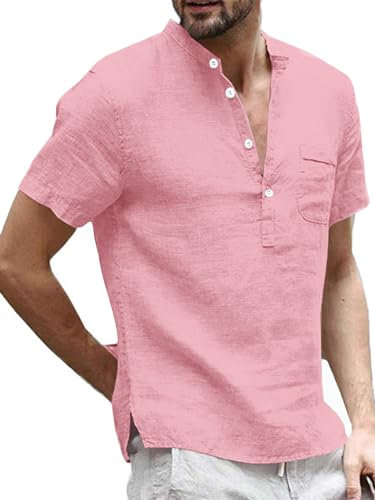 Runcati Henley Chemise en lin pour homme - Manches courtes - Chemise d'été - Chemise d'affaires pour homme, Rose, L
