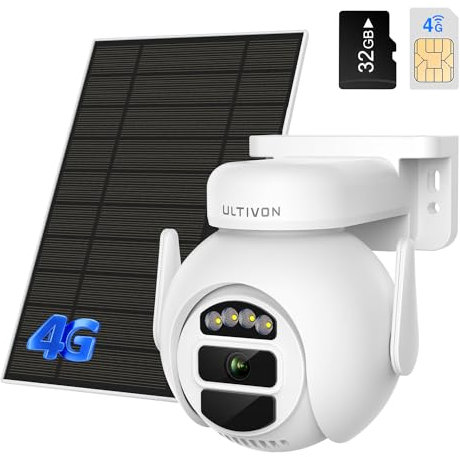 Ultivon 4G LTE Überwachungskamera Aussen mit SIM Karte und und SD Karte, Akku Überwachungskamera mit Solarpanel, 2K PTZ Kamera mit Farb Nachtsicht, 2-Wege-Audio, PIR Erkennung, IP66 Wasserdicht
