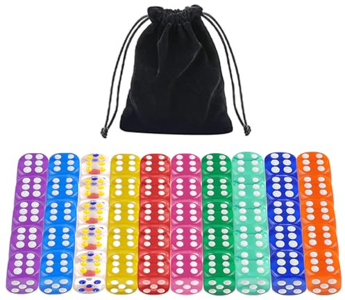 Deamos 50 PCS Game Dice Set, 10 Colours, 6 Sided Acrylic Dice, Magic the Gathering, Math Teaching, Family Party, with Storage Bag