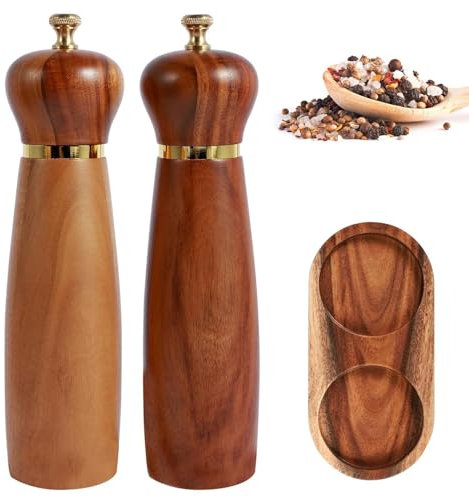 Juego de molino de sal y pimienta de madera, juego de molino de sal y pimienta | Molino de pimienta y chile con bandeja sobre pie,Molino de chile manual, molino de chile, embotellado, para sal, poi