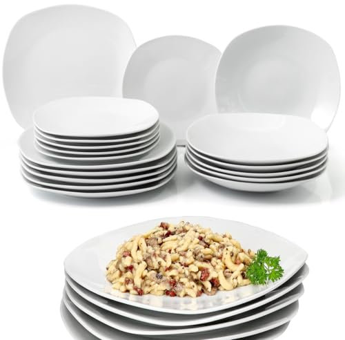 Shally Dogan 18-teiliges Tafelservice aus Porzellan für 6 Personen, Set bestehend aus 6 flachen Teller, 6 tiefen Tellern, 6 Desserts und Obst, modernes und glattes Design (quadratisch)