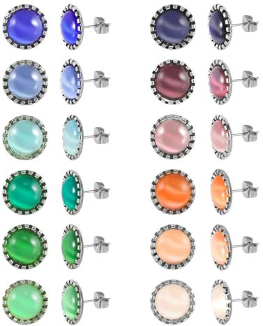 JMFENFA 12 Paar bunte Katzenaugen-Edelstein-Ohrstecker, 18K Gold plattiert Chirurgischer Edelstahl Multicolor Edelstein Ohrstecker Set für Frauen (Silver 8mm)