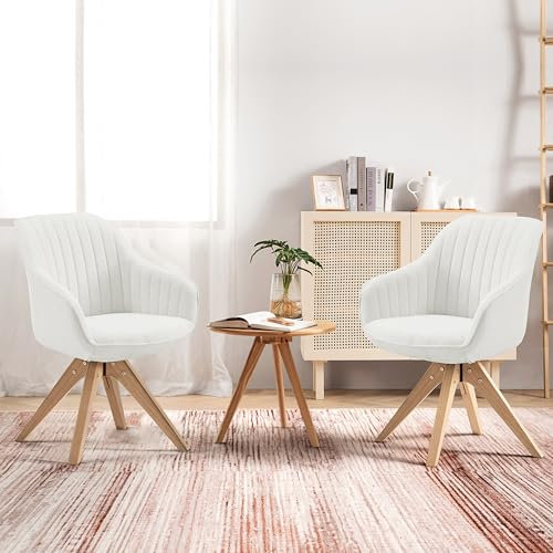Zouron Drehstuhl Holzbeine 2er Set - Drehstuhl Sessel Beige Leinen Polsterstuhl Armlehnstuhl Küchenstuhl Eichenholzbeine bis 130kg Belastbar Sitzfläche 43x43cm (Beige-Eichenholzbeine-1 pcs)