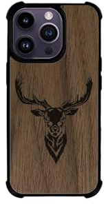Enowood Schutzhülle aus Holz, kompatibel mit iPhone, verstärkte Ecken, handgefertigt – Hirsch – iPhone 16 Pro – Walnuss