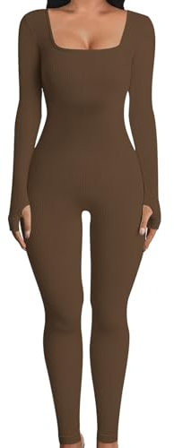 OYIGELZ Yoga Jumpsuit Damen Einteiligem Gerippte Strick Langarm Sport Workout jumpsuits Hosenanzug Trainingsanzug Eckigem Ausschnitt Figurbetontem Kuscheliger Overall(Braun-J,S)