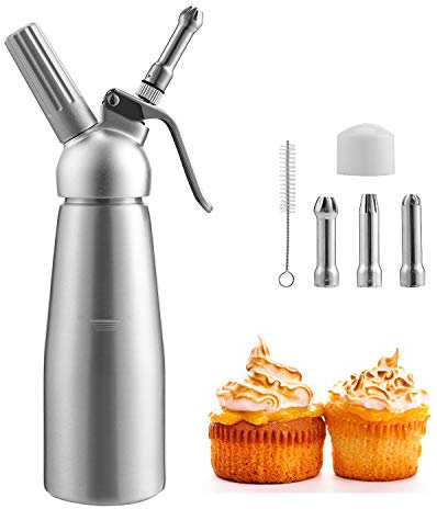 Aopunly Sahnespender Sahnesyphon Aluminium, 0,5 L Schlagsahnebereiter mit 3 Edelstahl Deko-Düsen und 1 Reinigungbürste, Profi Schlagsahne Dispenser für Desserts Gebäck Sahne, Soßen und mehr