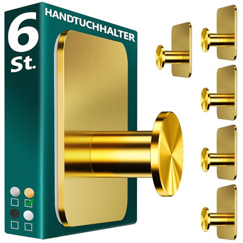 Menz Handtuchhalter ohne Bohren in Golden, 6 Stück – Robuste Badezimmer Handtuchhalter, moderne Klebehaken, Haken fürs Bad, Haken selbstklebend, ideal als funktionale Handtuchhaken