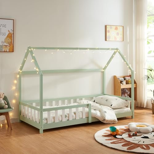 [en.casa] Kinderbett Hesel Hausbett Mintgrün 90 x 200 cm mit Rausfallschutz und Lattenrost Montessori Bodenbett Jugendbett Holzbett