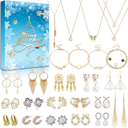 Adventskalender 2024 Damen Schmuckkalender 2024 Schönheit, Adventskalender Damen mit Ohrringen Armband Halskette Weihnachtsgeschenkidee Mutter Ehefrau Teenager Tochter Schwester
