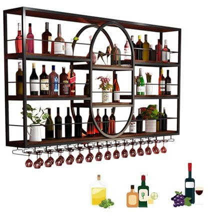 Metal Wine Rack Wall Mounted with Hanging Glass Holder Mini Bar Liquor Bottle Display Shelf Whiskey Alcohol Cabinet Kitchen Storage for Home Bar Cafe Restaurant