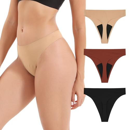 INNERSY Periodenunterschwäsche String Tanga Nahtlose Unterwäsche Menstruationsunterwäsche 3er Pack (XL, Schwarz/Weinrot/Khaki)
