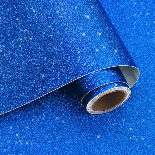 VaryPaper Sapphire Blue Glitter Wallpaper Self Adhesive Glitter Fabric Contact Paper 40cmx200cm Sticky Back Plastic Roll Thick Lining Paper for Wall Bedroom Bathroom Shelf Liner Cupboard Vinyl Wrap