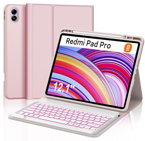 IVEOPPE Teclado Redmi Pad Pro 12.1, Funda Xiaomi Poco Pad 12.1 Pulgadas 2024 con Teclado, Keyboard Retroiluminado Español Ñ Desmontable Bluetooth para Xiaomi Redmi Pro 12.1 2024, Rosa
