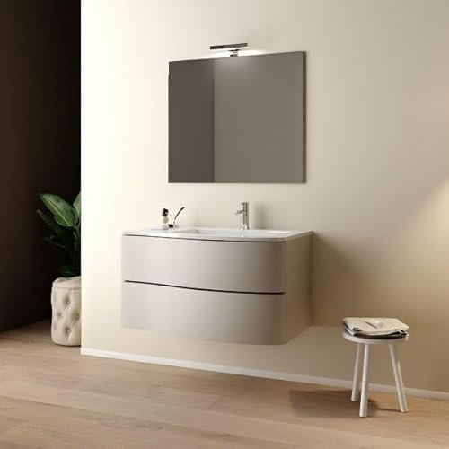 Mobo Mobile bagno sospeso con specchiera e lavabo integrato modello esse, Larghezza 90 cm, composizione completa, Applique LED, Soft Close, Cashmere