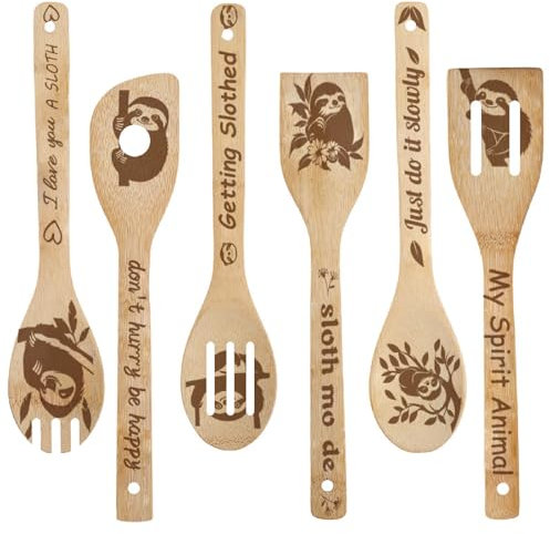 CRASPIRE 6 Cucchiaio di Legno A Forma di Bradipo con Le Mie Parole di Animali Spirituali Carino e Interessante Stoviglie da Cucina Stoviglie in bambù Intagliate e Bruciate Spatole Forate per Regali