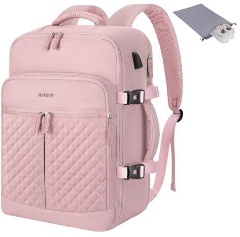 MOSISO 40L Travel Backpack for Women, Rhombus Quilted Flight Approved Carry on Daypack with USB Charging Port&Drawstring Bag, 17-17.3 inch Laptop Backpack for Office Work Travel Essentials, Pink