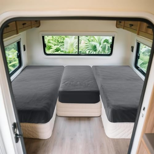 SYLC Spannbettlaken 3er-Set Für Wohnmobil, Wohnwagen Heckbett Spannbetttuch Camping Matratzenbezug, Bettlaken Matratze Für 2 Längsbetten + Mittelteil (Dark Grey)