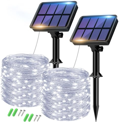 btfarm 2 Pacchi Luci Solari da Giardino, 6M 60 LED Catena Luminosa Esterno Solare 8 Modalità, Impermeabili Filo di Rame Lucine Natalizie Energia Solare Decorative per Giardino Albero, Bianco Freddo