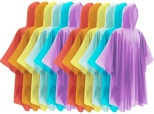 Hitituto Disposable Rain Ponchos - Extra Long Waterproof Emergency Poncho with Hood for Adults, Bulk Family 12 Pack Raincoat for Park, Concerts, Hiking, Camping Essentials, Assorted Colors