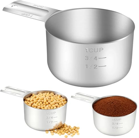 1 Cup Stainless Steel Measuring Cup 240ml / 8oz, Long Handle Embossed Markings Food Scoop, Dishwasher Safe Precise Kitchen Gadget for Baking, Cooking, Rice, Liquid, Espresso & Cocktail Measuring