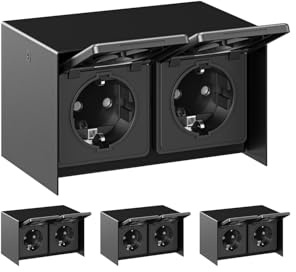 ledscom.de 4x Außensteckdose 2-fach STEDDA, IP44, Edelstahl schwarz waagerecht, Steckdosen für Garten, Terrasse und Außenbereich