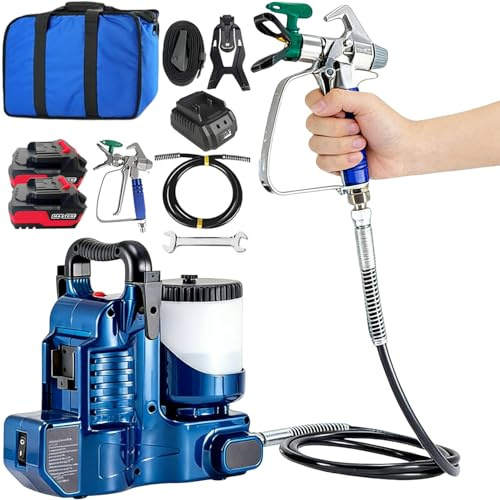 Airless Spruzzatore Vernice 1,2 L, Pistola a Spruzzo per Verniciare 750 W, 12,5 Mpa, Pressione Regolabile Su 6 Livelli, Con 2 Batterie Da 21 V E Tubo Da 1,80 M, Portata Di 2 L/Min, Per Pareti, Tetti
