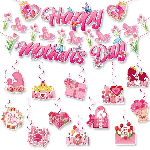 14 Stück Muttertag Dekoration, Muttertag Girlande Banner Hängende Wirbel, Happy Mother's Day Banner Dekoration Für Geburtstag Party Dekoration