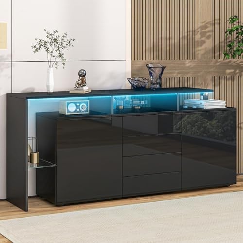 Merax Sideboard Beistellschrank mit LED-Leuchten, Hochglanz Schwarz Kommode mit 2 Tür & 4 Schubladen, Moderne Buffetschrank mit viel Stauraum, für Wohnzimmer, Esszimmer, Eingangsbereich, 160x35x70cm