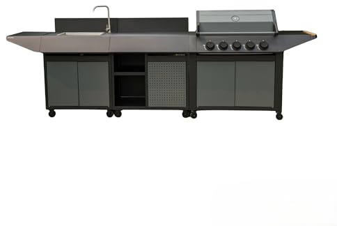 Cook'in Garden - Cocina de Gas para Exterior BURN, Barbacoa con Postre y Fregadero Integrados, 5 Quemadores, Espacio Adicional, Grifo con Salida de Agua, Función de Plancha y Barbacoa