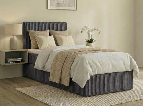 A&J MöbelLand Boxspringbett RALF 90x200 mit Bettkasten und Visco-Topper – Bonellmatratze H3 – Stauraum Links – Dunkelgrau