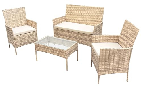 SVITA Brooklyn Gartenlounge 4-teilig Polyrattan Lounge Set wetterfest Garten Terrasse Balkon inkl. Kissen Glas Tisch Beige