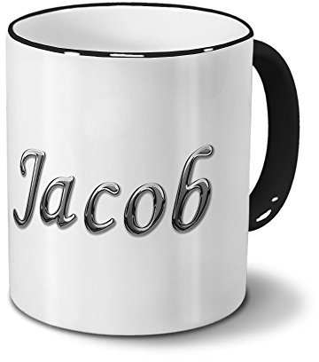 printplanet Tasse mit Namen Jacob - Motiv Chrom-Schriftzug - Namenstasse, Kaffeebecher, Mug, Becher, Kaffeetasse - Farbe Schwarz
