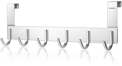 DeeAWai Türgarderobe zum Einhängen mit Filz-Pad für deutsche Standardtüren | Türhaken zum Einhängen mit 6 Haken | Kleiderhaken für Küche, Wohnzimmer, Schlafzimmer, Bad | Türgarderobe 1,5cm (Silber)