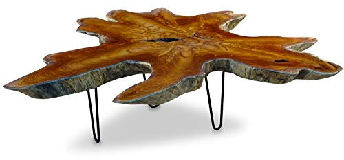 Teak Couchtisch LUHU - 120x120cm Tischplatte aus massiver Wurzelholz Baumscheibe im rustikalen Landhausstil, geeignet für Wohnzimmer, Wintergarten oder als Kaffeetisch